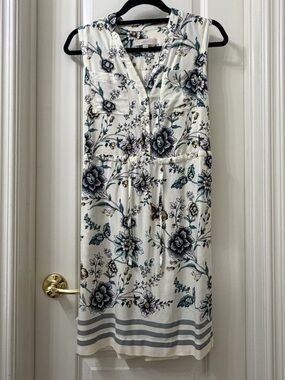 LOFT Ivory Floral Sleeveless Midi Dress with Teal & Black Accents